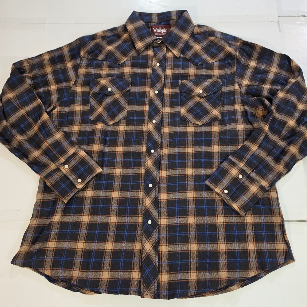 Wrangler Western Shirts Mens XL Flannel Plaid Pearl Snap Brown Blue WM315RG